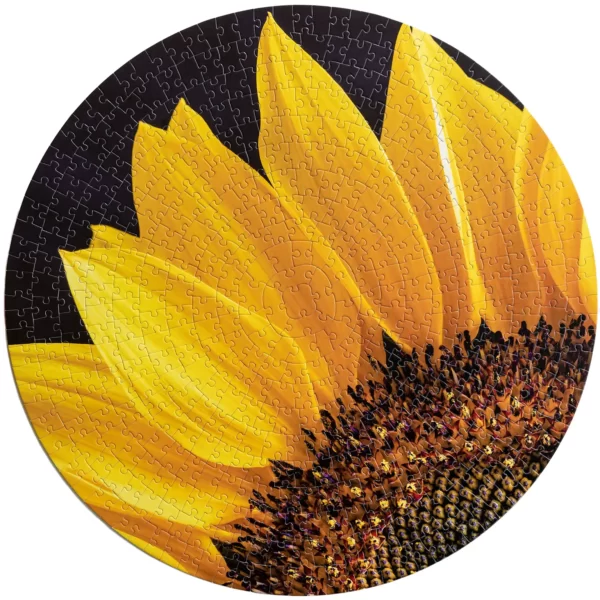 500 Piece round photography jigsaw puzzle of a sunflower, Australian made